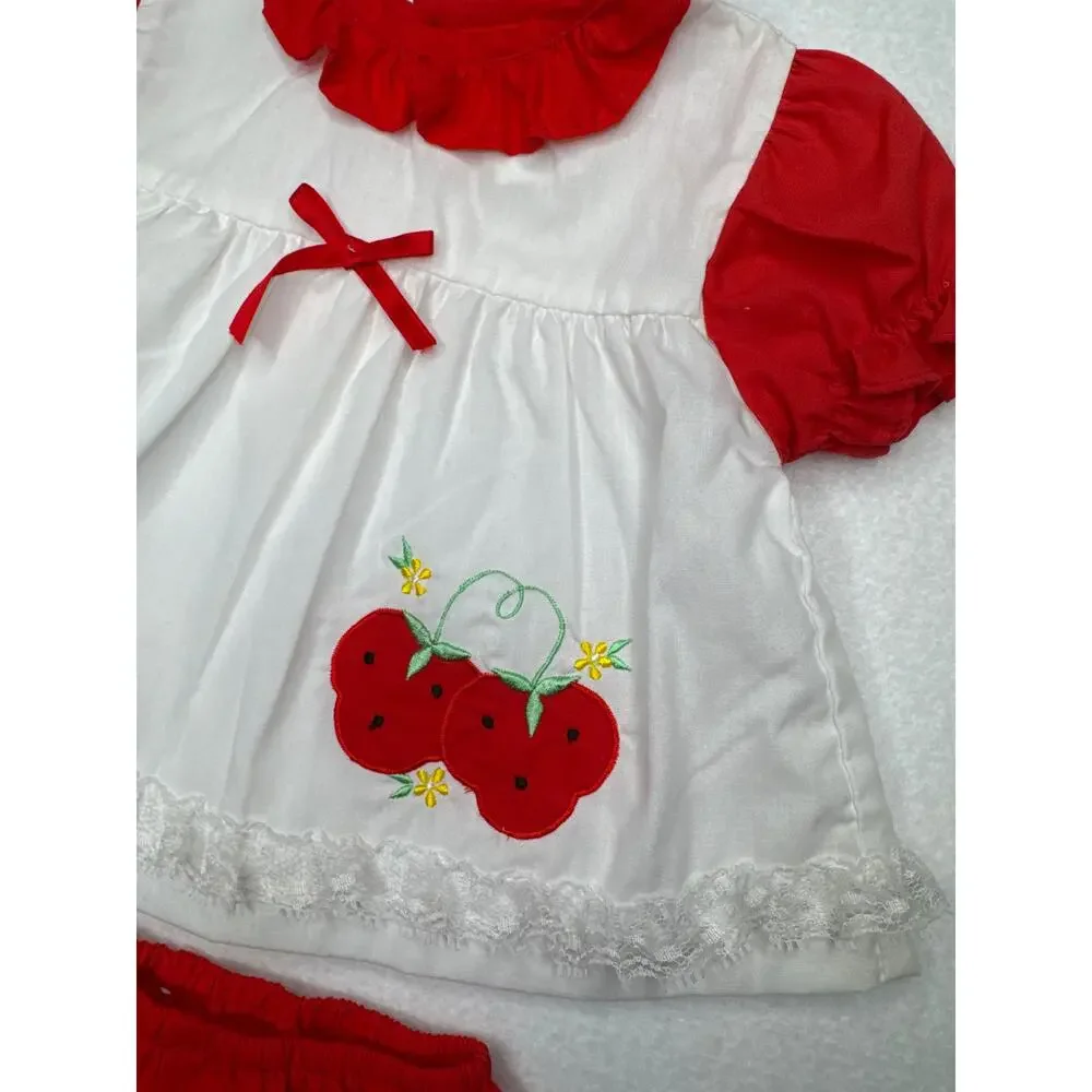 Vintage 1990s Cherry Embroidered Baby Outfit Bloomer Set 6–9M